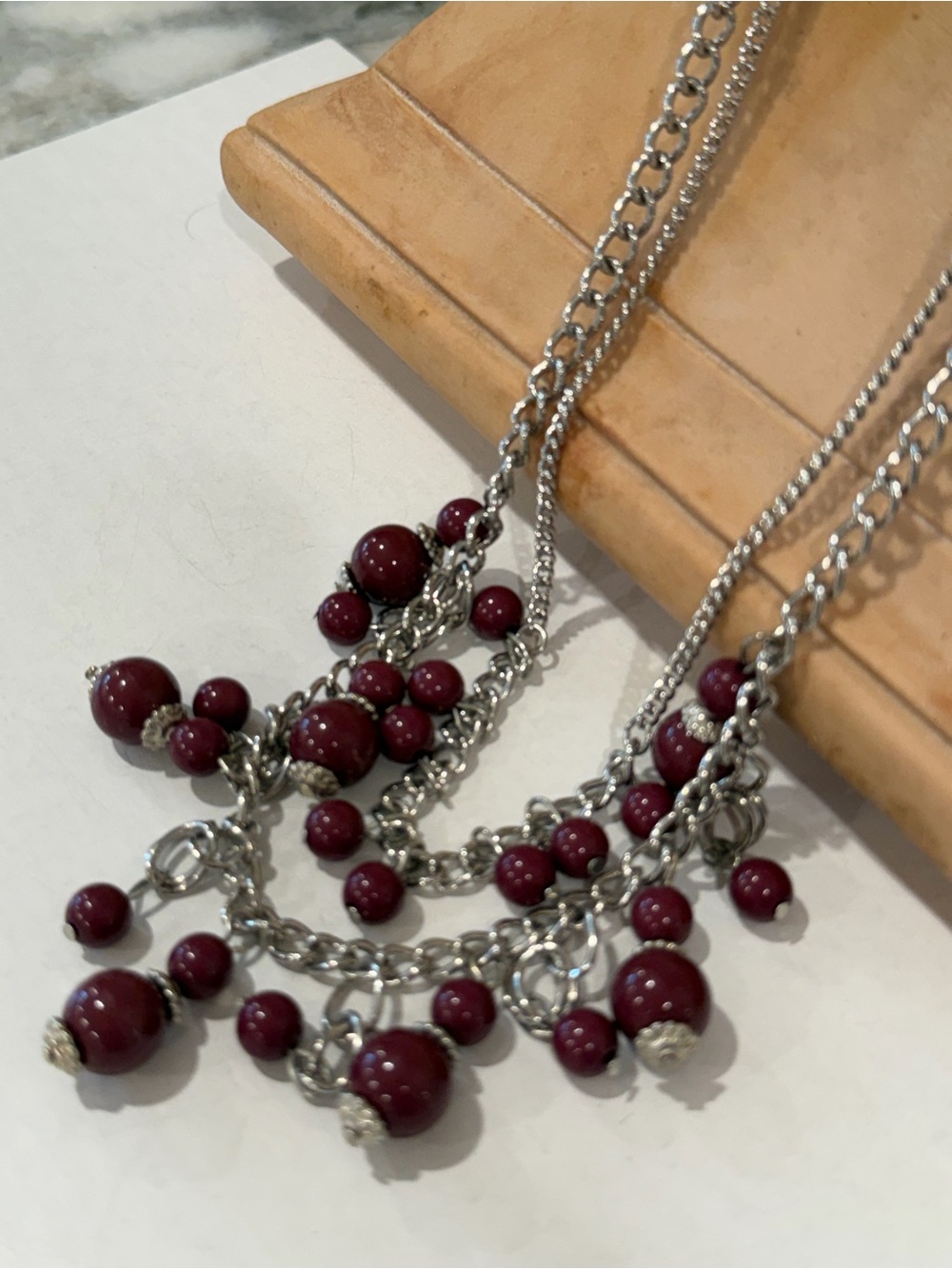 Silver Multi-Chain Necklace with Earrings Burgundy Beads